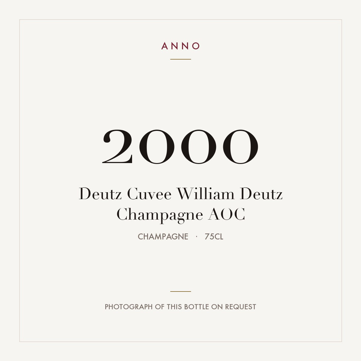Deutz Cuvee William Deutz Champagne 2000 AOC 0,75l from Champagne — ANNO vintage card; photograph of the actual bottle available on request
