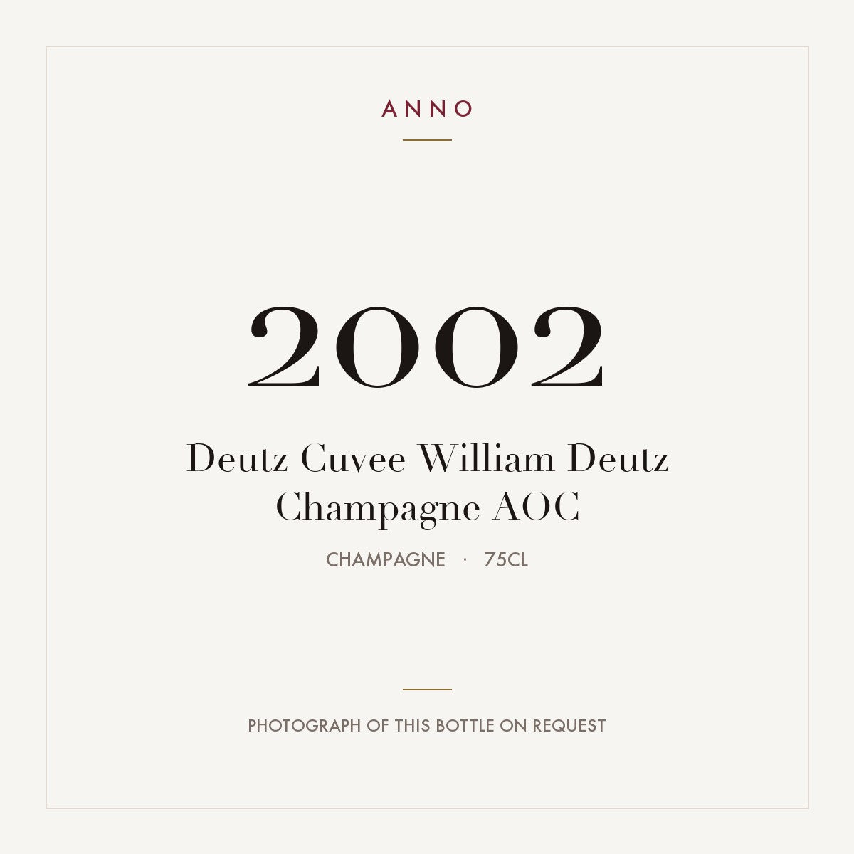 Deutz Cuvee William Deutz Champagne 2002 AOC 0,75l from Champagne — ANNO vintage card; photograph of the actual bottle available on request