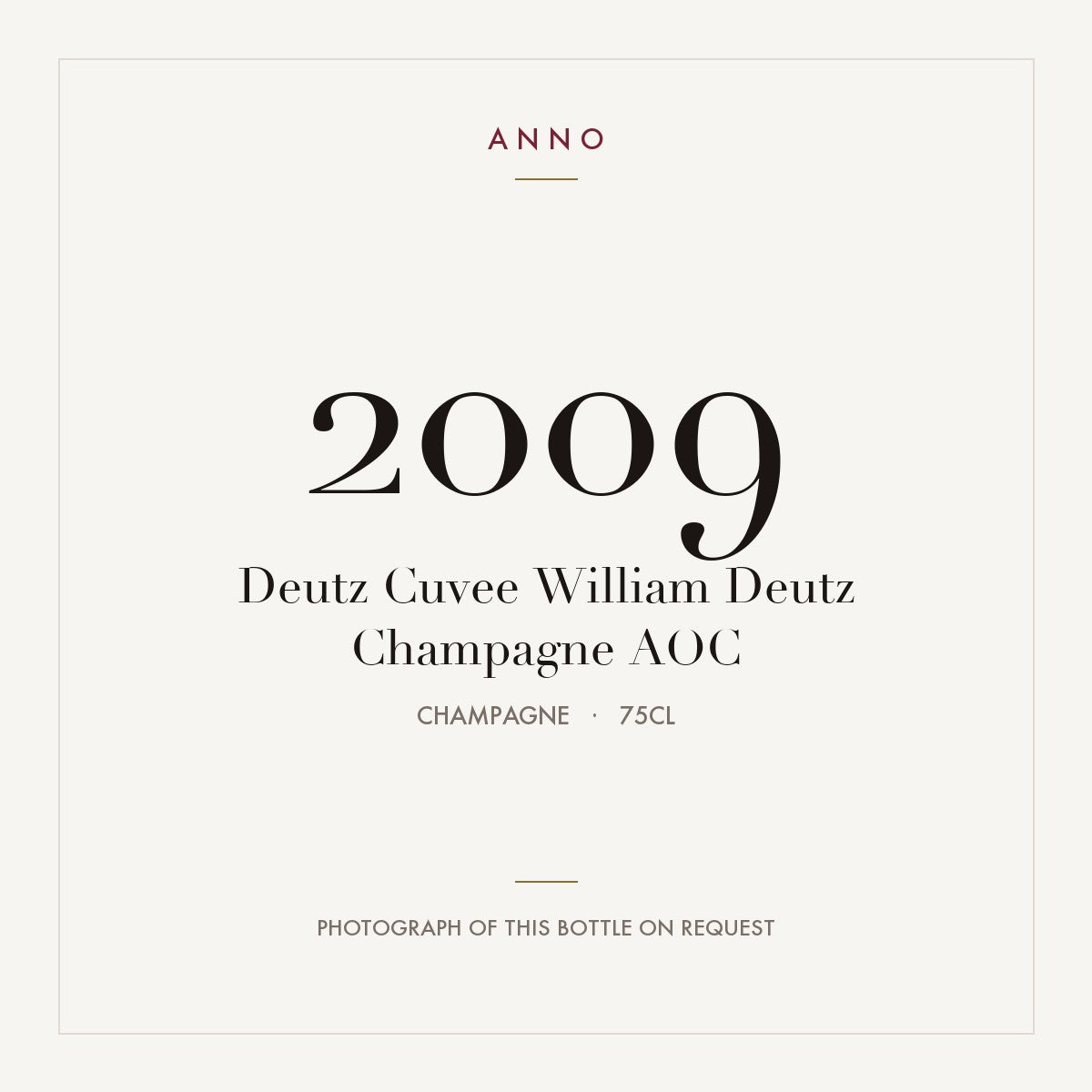 Deutz Cuvee William Deutz Champagne 2009 AOC 0,75l from Champagne — ANNO vintage card; photograph of the actual bottle available on request