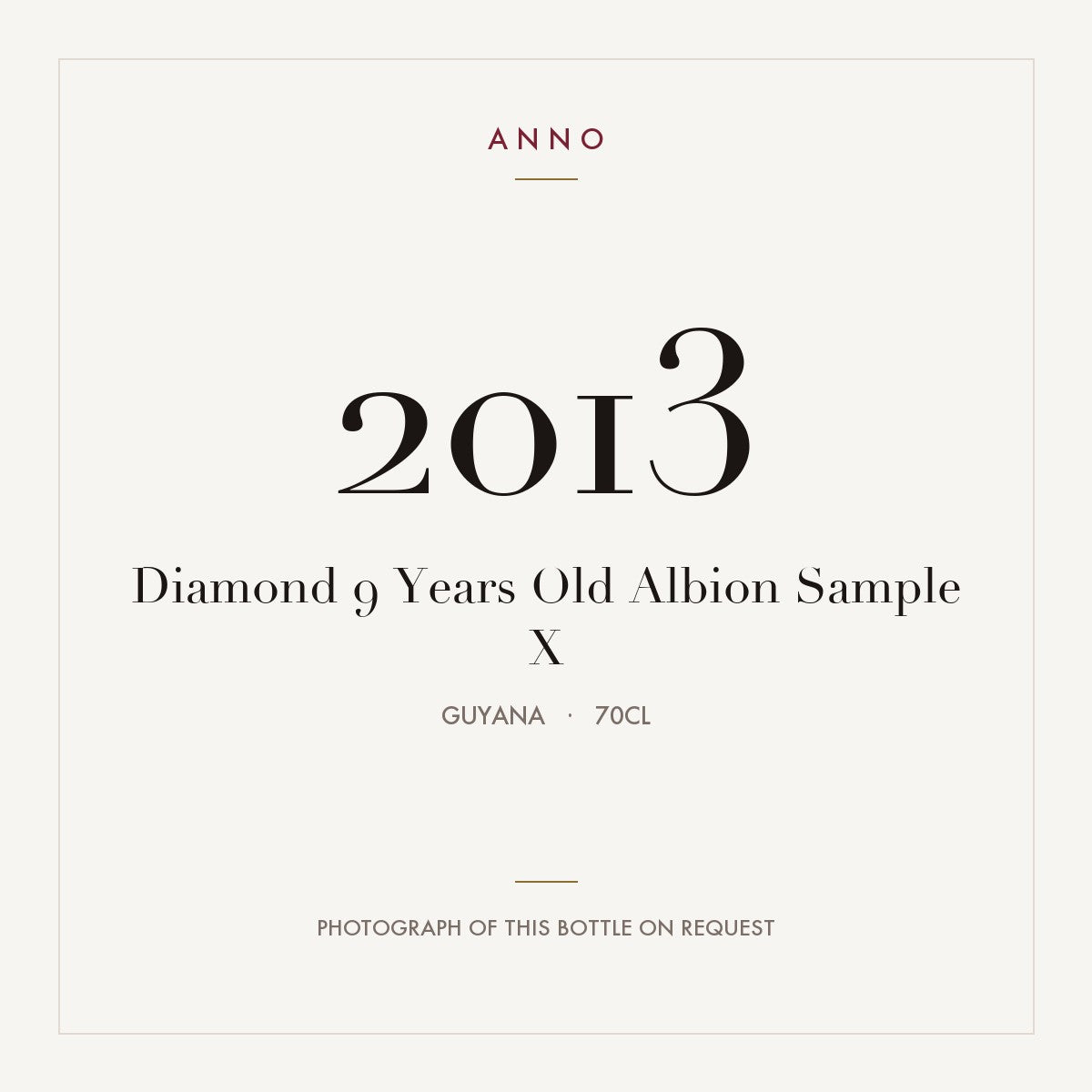 Diamond 9 Years Old Albion Sample X 2013 0,7l from Guyana — ANNO vintage card; photograph of the actual bottle available on request