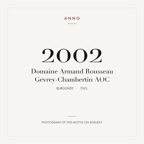 Domaine Armand Rousseau Gevrey-Chambertin 2002 AOC 0,75l, Borgonha — cartão de colheita ANNO; fotografia da garrafa real disponível a pedido