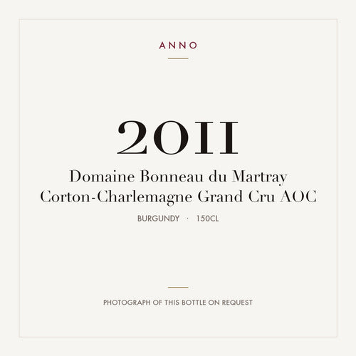 Domaine Bonneau du Martray Corton-Charlemagne Grand Cru 2011 AOC 1,5l, Borgonha — cartão de colheita ANNO; fotografia da garrafa real disponível a pedido