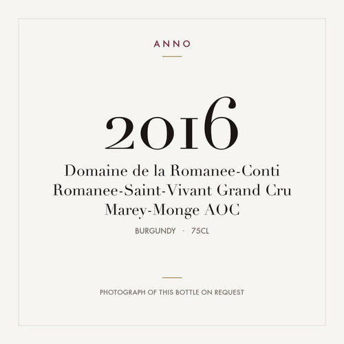 Domaine de la Romanee-Conti Romanee-Saint-Vivant Grand Cru Marey-Monge 2016 AOC 0,75l from Burgundy — ANNO vintage card; photograph of the actual bottle available on request