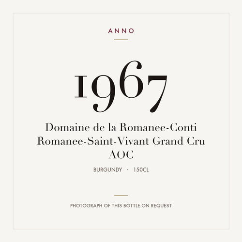 Domaine de la Romanee-Conti Romanee-Saint-Vivant Grand Cru 1967 AOC 1,5l, Borgonha — cartão de colheita ANNO; fotografia da garrafa real disponível a pedido