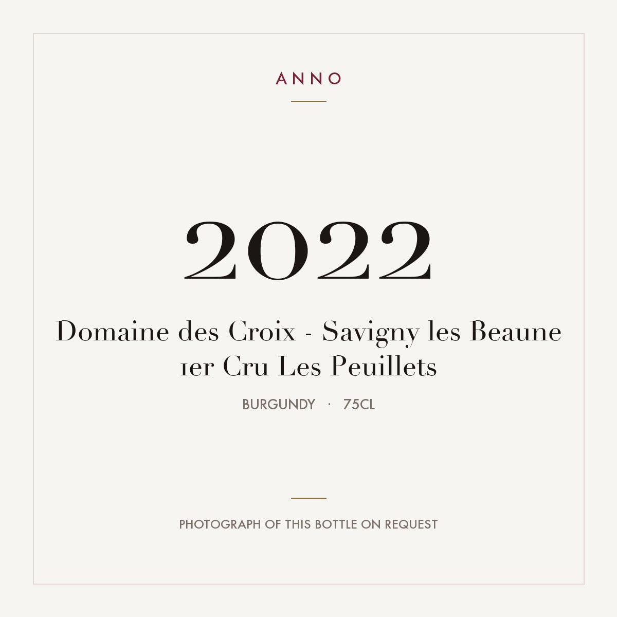 Domaine des Croix Savigny-les-Beaune Premier Cru Les Peuillets 2022 AOC 0,75l — ANNO vintage card; photograph of the actual bottle available on request