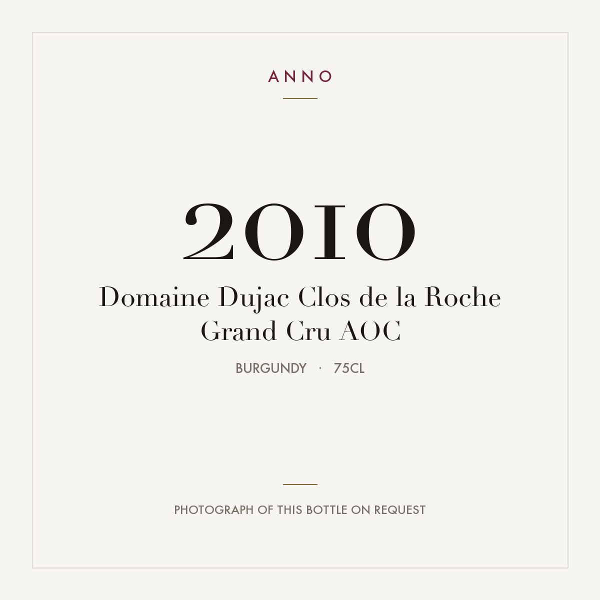 Domaine Dujac Clos de la Roche Grand Cru 2010 AOC 0,75l from Burgundy — ANNO vintage card; photograph of the actual bottle available on request
