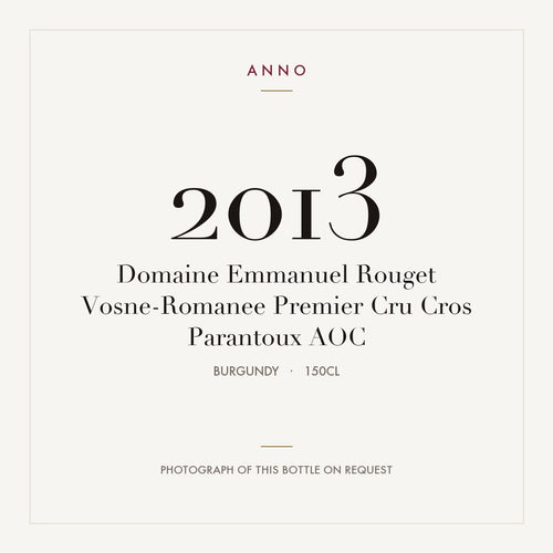 Domaine Emmanuel Rouget Vosne-Romanee Premier Cru Cros Parantoux 2013 AOC 1,5l, Bourgogne — ANNO-jaargangkaart; foto van de echte fles op aanvraag