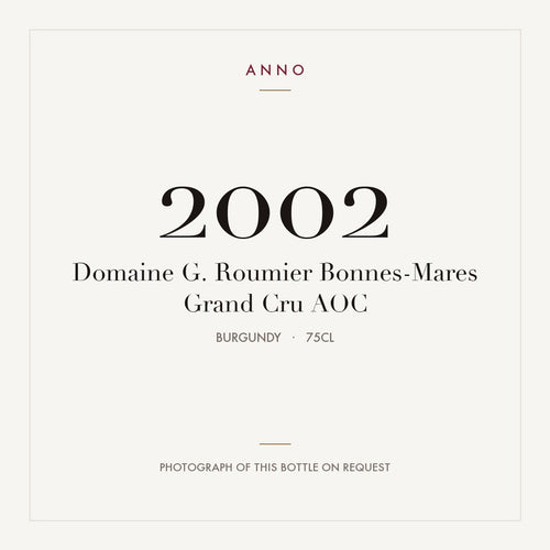 Domaine G. Roumier Bonnes-Mares Grand Cru 2002 AOC 0,75l, Borgoña — tarjeta de añada ANNO; foto de la botella real disponible bajo petición