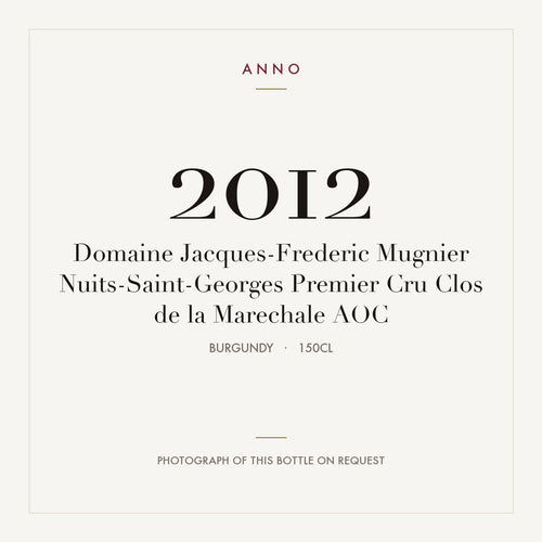 Domaine Jacques-Frederic Mugnier Nuits-Saint-Georges Premier Cru Clos de la Marechale 2012 AOC 1,5l, Borgogna — card dell'annata ANNO; foto della bottiglia reale disponibile su richiesta