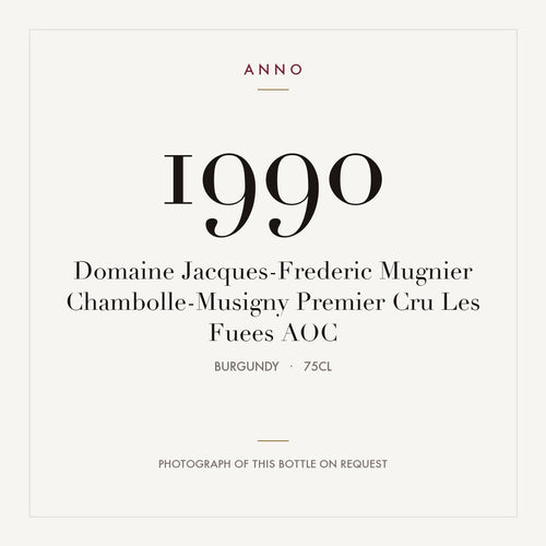 Domaine Jacques-Frederic Mugnier Chambolle-Musigny Premier Cru Les Fuees 1990 AOC 0,75l, Borgonha — cartão de colheita ANNO; fotografia da garrafa real disponível a pedido