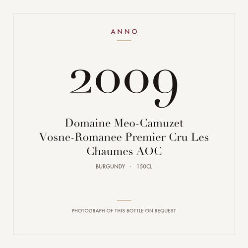 Domaine Meo-Camuzet Vosne-Romanee Premier Cru Les Chaumes 2009 AOC 1,5l, Borgonha — cartão de colheita ANNO; fotografia da garrafa real disponível a pedido