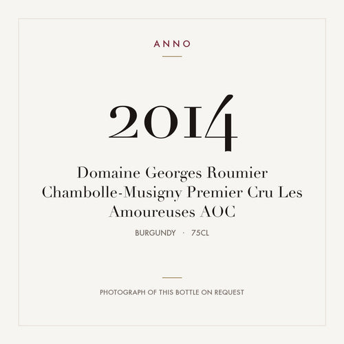Domaine Georges Roumier Chambolle-Musigny Premier Cru Les Amoureuses 2014 AOC 0,75l, Borgoña — tarjeta de añada ANNO; foto de la botella real disponible bajo petición