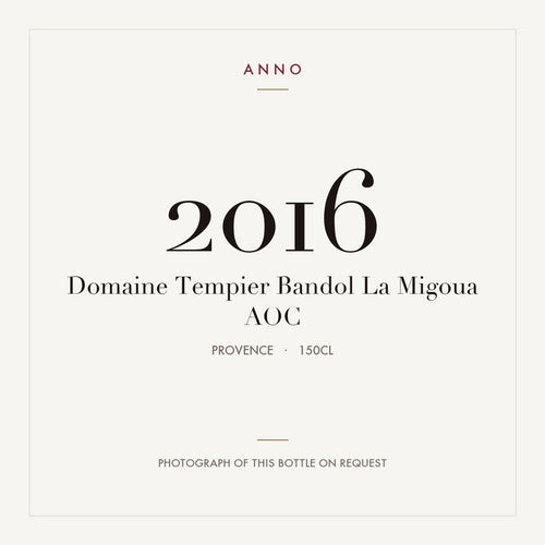 Domaine Tempier Bandol La Migoua 2016 AOC 1,5l, Provence — ANNO-jaargangkaart; foto van de echte fles op aanvraag