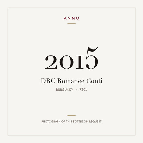 DRC Romanee Conti 2015 0,75l — card dell'annata ANNO; foto della bottiglia reale disponibile su richiesta