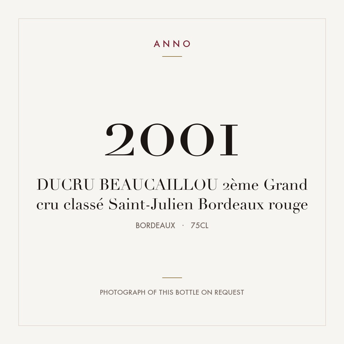 Chateau Ducru-Beaucaillou Saint-Julien 2001 AOC 0,75l — ANNO vintage card; photograph of the actual bottle available on request