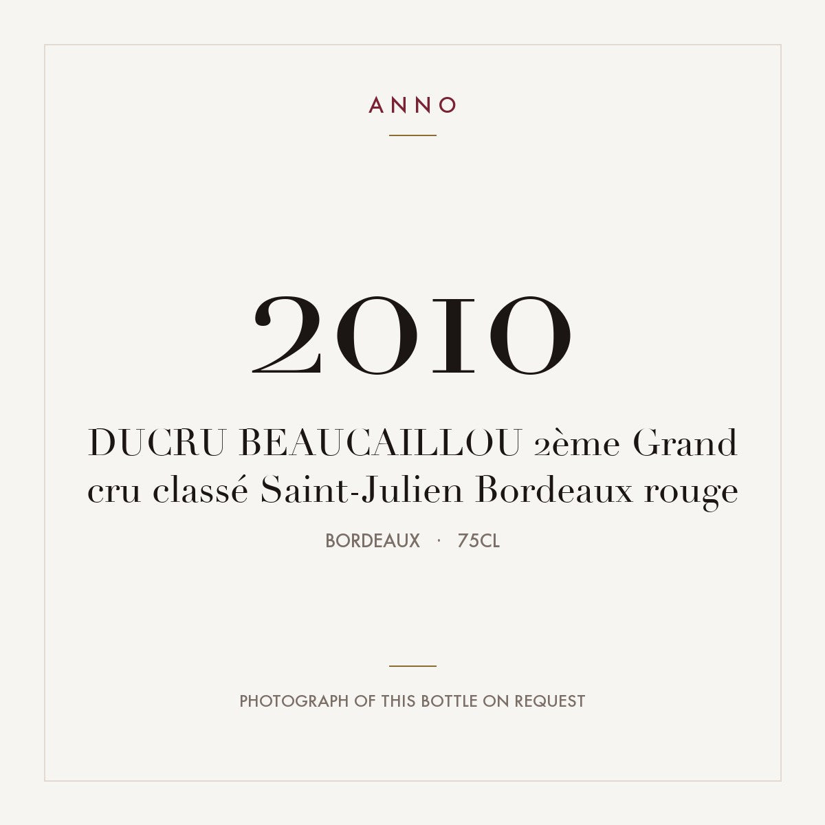 Chateau Ducru-Beaucaillou Saint-Julien 2010 AOC 0,75l — ANNO vintage card; photograph of the actual bottle available on request