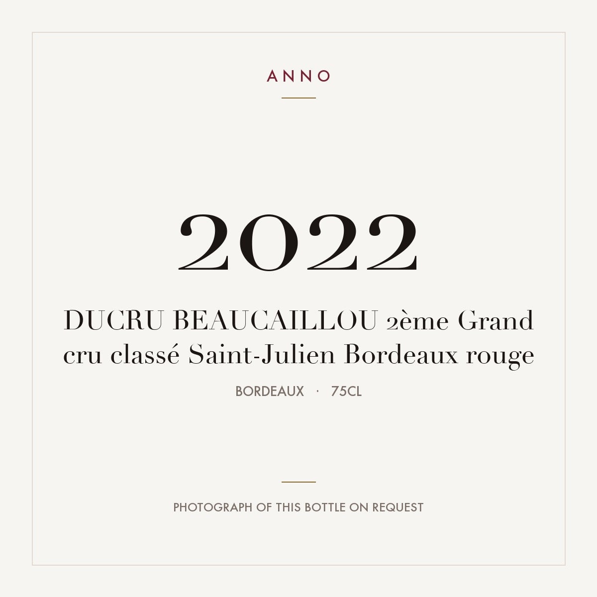 Chateau Ducru-Beaucaillou Saint-Julien 2022 AOC 0,75l — ANNO vintage card; photograph of the actual bottle available on request
