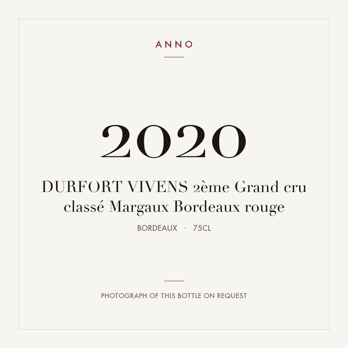 Chateau Durfort-Vivens Margaux 2020 AOC 0,75l — ANNO vintage card; photograph of the actual bottle available on request