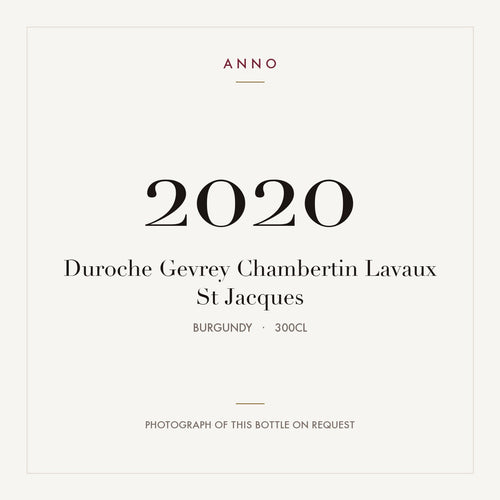 Duroche Gevrey Chambertin Lavaux St Jacques 2020 3l — carte millésime ANNO ; photo de la bouteille réelle disponible sur demande