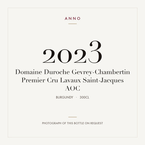Domaine Duroche Gevrey-Chambertin Premier Cru Lavaux Saint-Jacques 2023 AOC 3l, Borgoña — tarjeta de añada ANNO; foto de la botella real disponible bajo petición