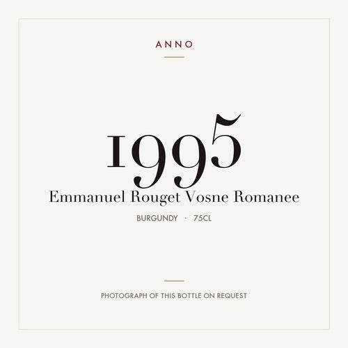 Emmanuel Rouget Vosne Romanee 1995 0,75l — cartão de colheita ANNO; fotografia da garrafa real disponível a pedido