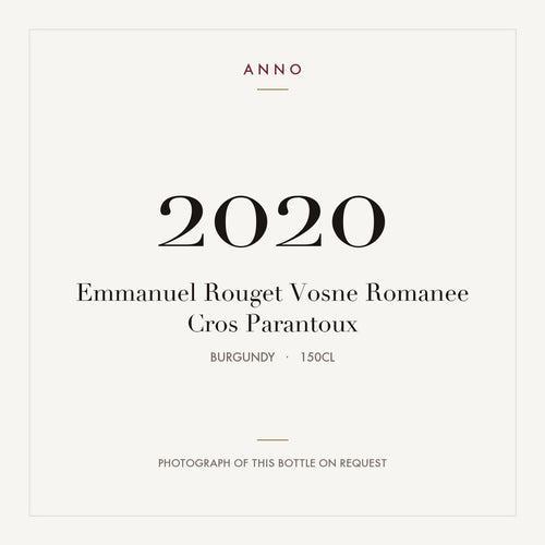 Emmanuel Rouget Vosne-Romanee Cros Parantoux 2020 AOC 1,5l — tarjeta de añada ANNO; foto de la botella real disponible bajo petición