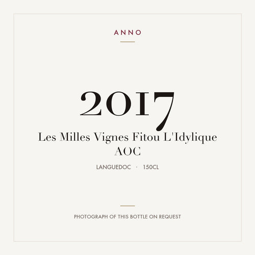 Les Milles Vignes Fitou L'Idylique 2017 AOC 1,5l, Languedoc — ANNO-Jahrgangskarte; Foto der tatsächlichen Flasche auf Anfrage