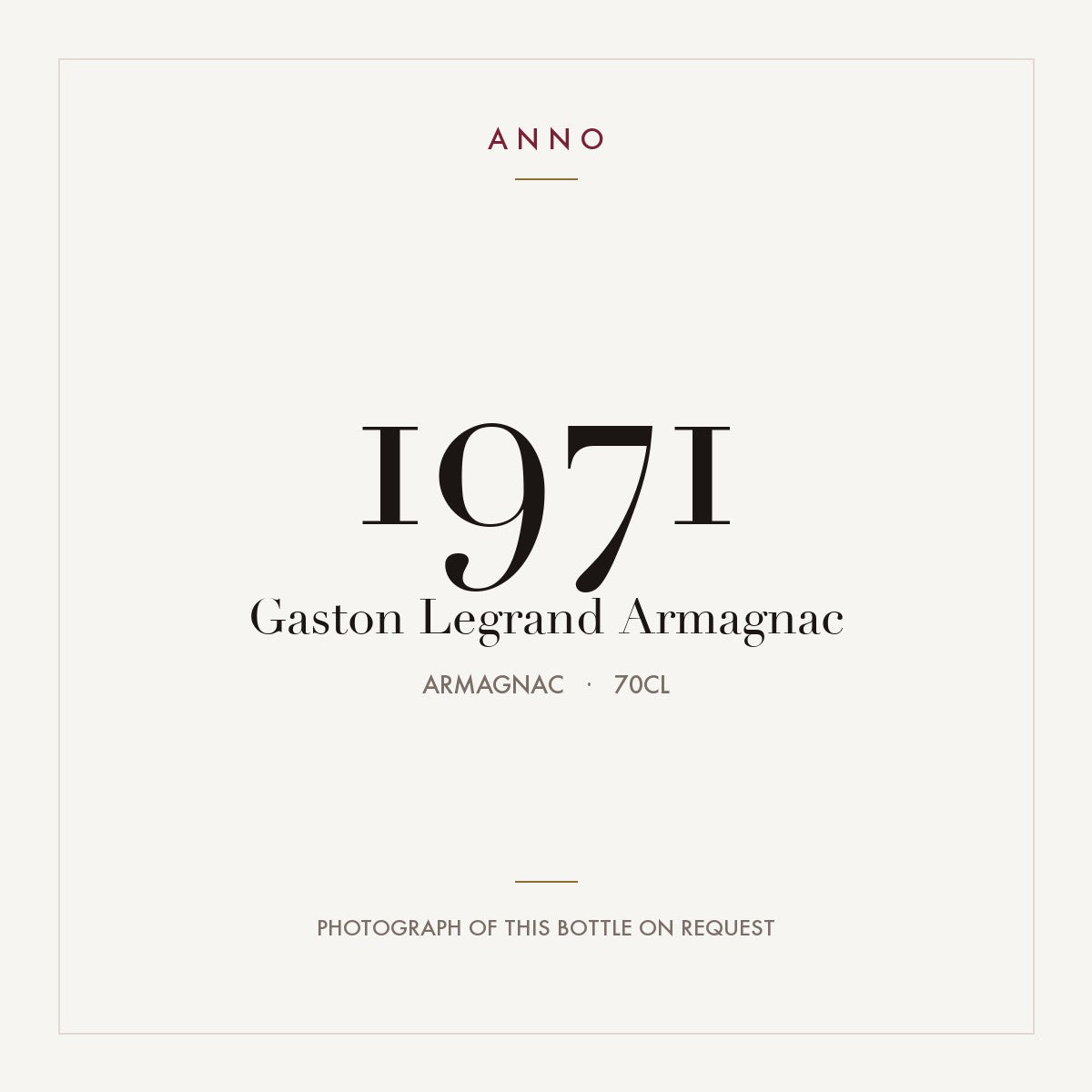 Gaston Legrand Armagnac 1971 0,7l from Armagnac — ANNO vintage card; photograph of the actual bottle available on request