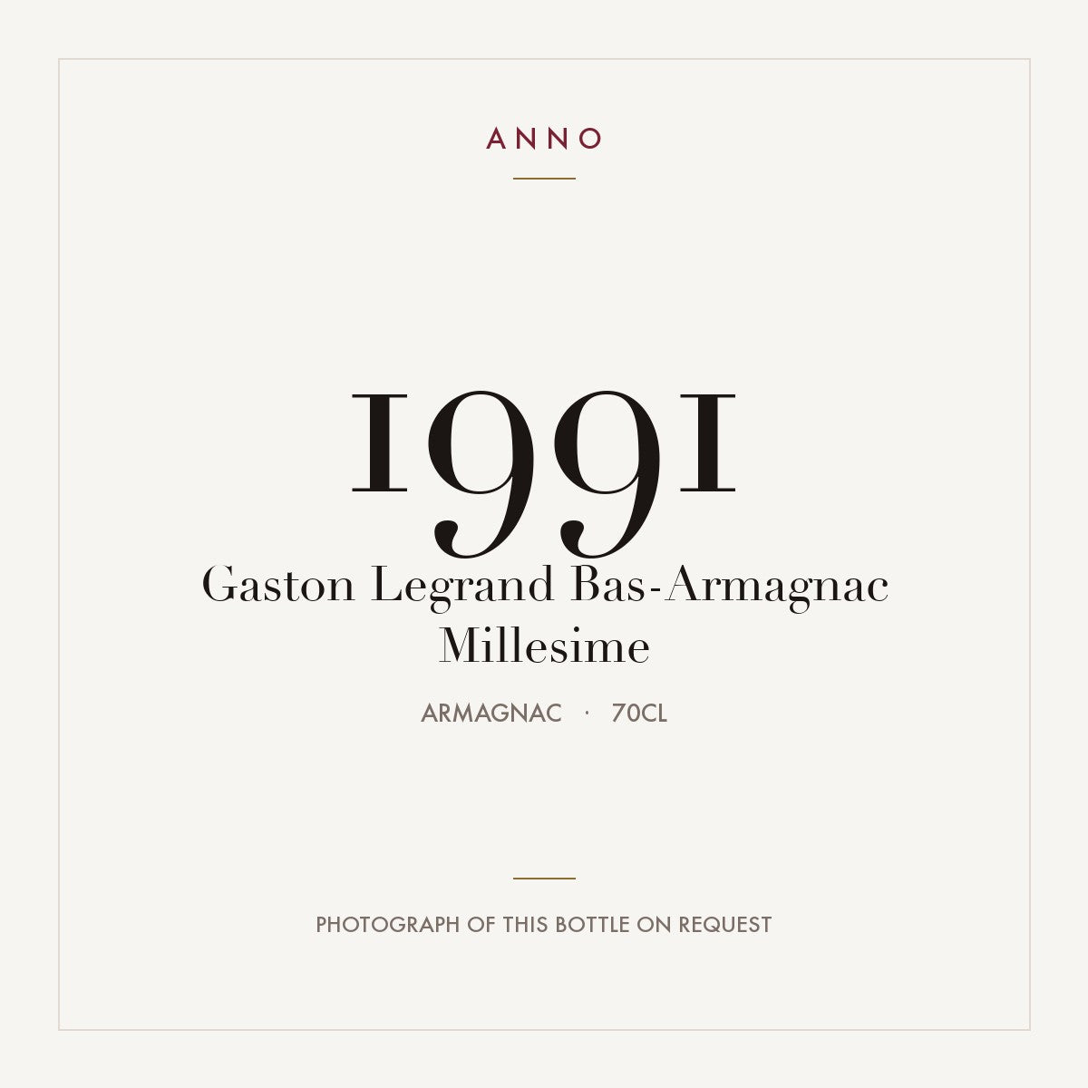 Gaston Legrand Bas-Armagnac Millesime 1991 0,7l from Armagnac — ANNO vintage card; photograph of the actual bottle available on request