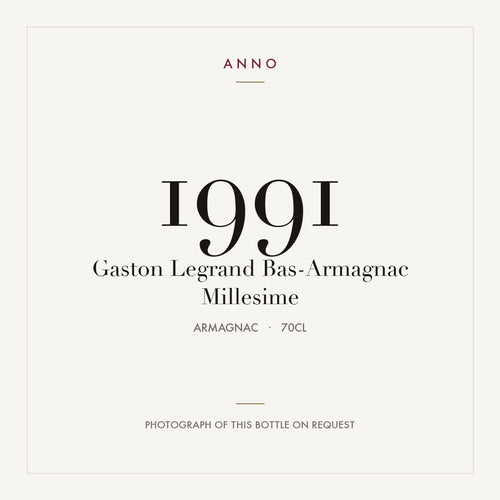 Gaston Legrand Bas-Armagnac Millesime 1991 0,7l from Armagnac — ANNO vintage card; photograph of the actual bottle available on request