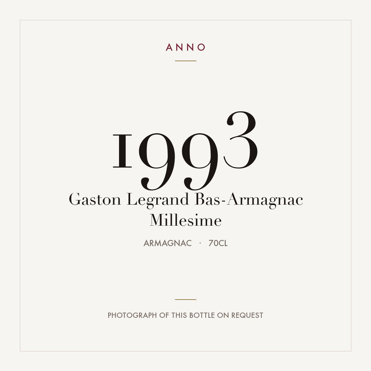 Gaston Legrand Bas-Armagnac Millesime 1993 0,7l from Armagnac — ANNO vintage card; photograph of the actual bottle available on request