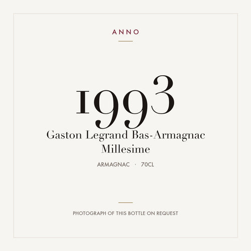 Gaston Legrand Bas-Armagnac Millesime 1993 0,7l from Armagnac — ANNO vintage card; photograph of the actual bottle available on request