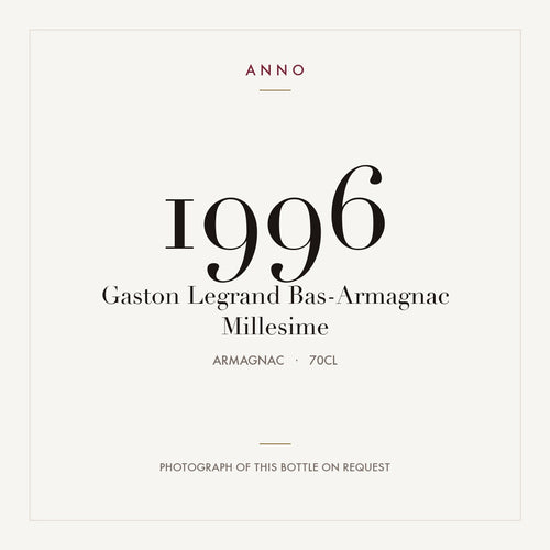 Gaston Legrand Bas-Armagnac Millesime 1996 0,7l from Armagnac — ANNO vintage card; photograph of the actual bottle available on request