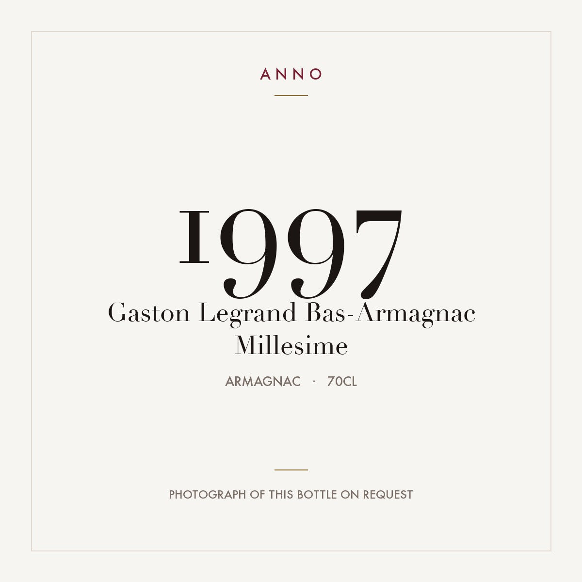 Gaston Legrand Bas-Armagnac Millesime 1997 0,7l from Armagnac — ANNO vintage card; photograph of the actual bottle available on request