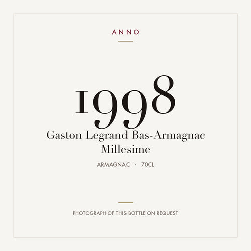 Gaston Legrand Bas-Armagnac Millesime 1998 0,7l from Armagnac — ANNO vintage card; photograph of the actual bottle available on request