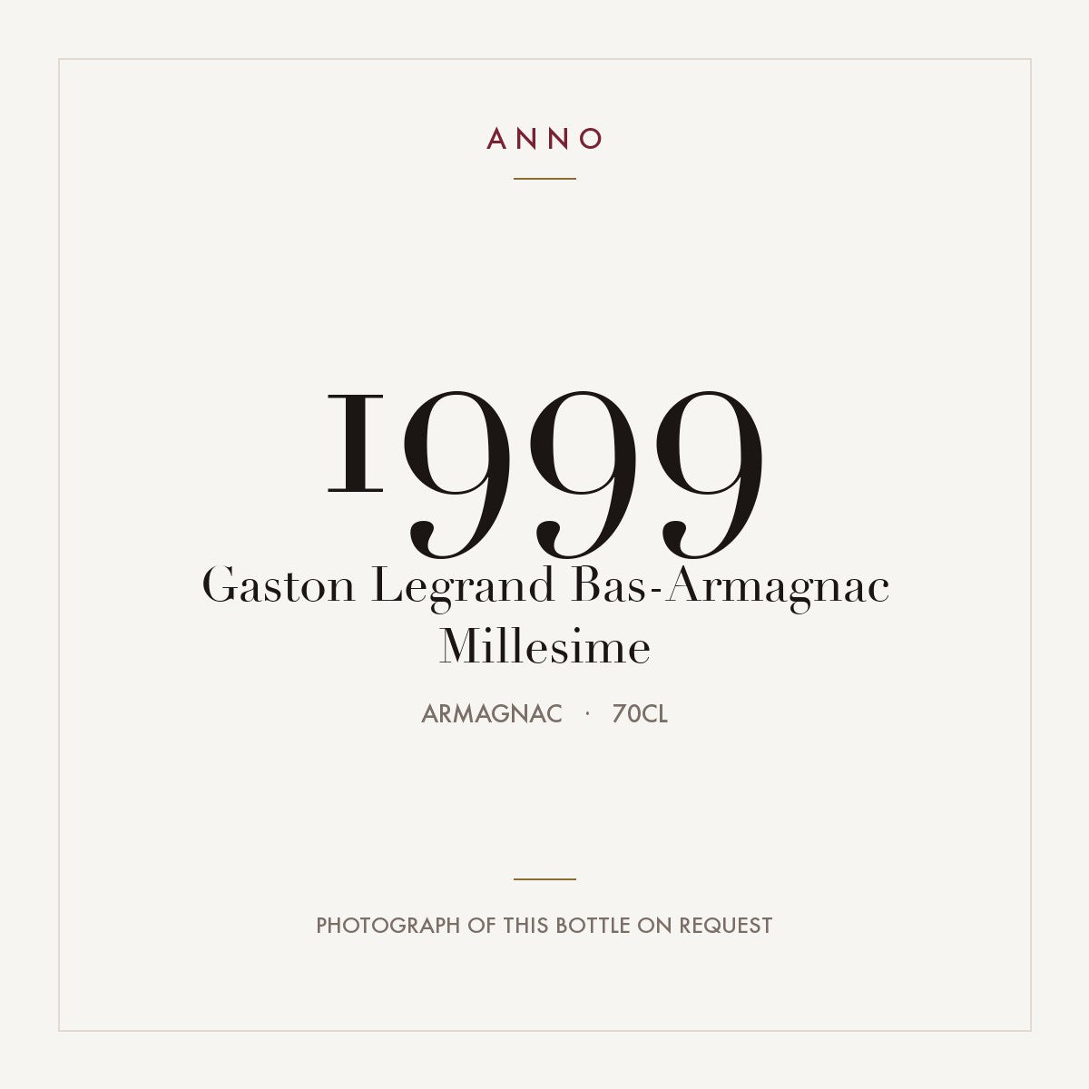 Gaston Legrand Bas-Armagnac Millesime 1999 0,7l from Armagnac — ANNO vintage card; photograph of the actual bottle available on request