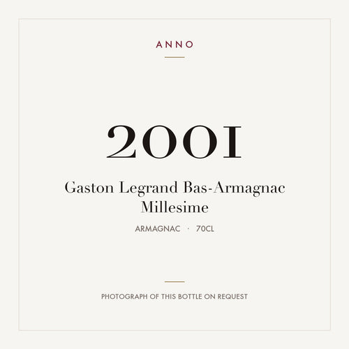 Gaston Legrand Bas-Armagnac Millesime 2001 0,7l from Armagnac — ANNO vintage card; photograph of the actual bottle available on request