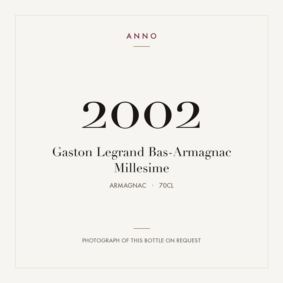 Gaston Legrand Bas-Armagnac Millesime 2002 0,7l from Armagnac — ANNO vintage card; photograph of the actual bottle available on request