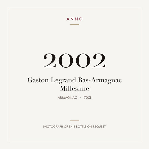 Gaston Legrand Bas-Armagnac Millesime 2002 0,7l from Armagnac — ANNO vintage card; photograph of the actual bottle available on request