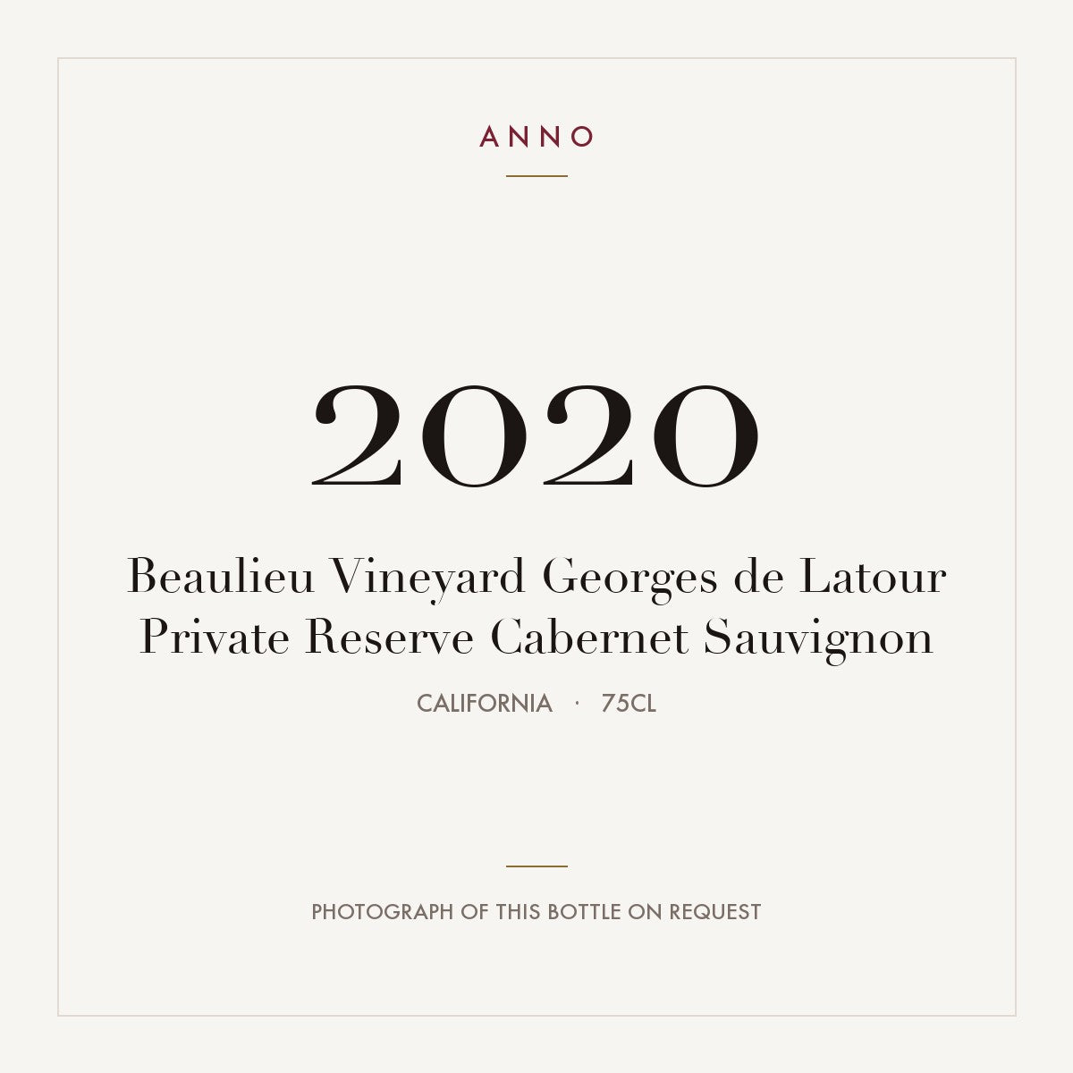 Beaulieu Vineyard Georges de Latour Private Reserve Cabernet Sauvignon 2020 0,75l from California — ANNO vintage card; photograph of the actual bottle available on request