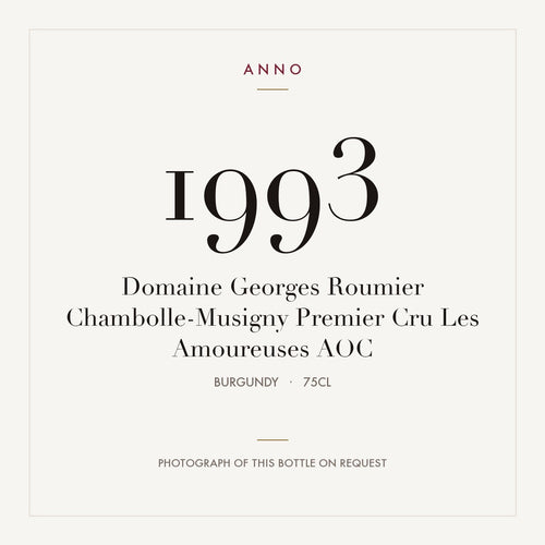 Domaine Georges Roumier Chambolle-Musigny Premier Cru Les Amoureuses 1993 AOC 0,75l, Borgonha — cartão de colheita ANNO; fotografia da garrafa real disponível a pedido