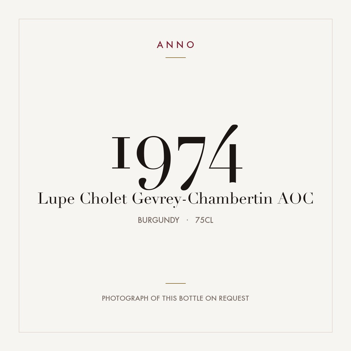 Lupe Cholet Gevrey-Chambertin 1974 AOC 0,75l from Burgundy — ANNO vintage card; photograph of the actual bottle available on request
