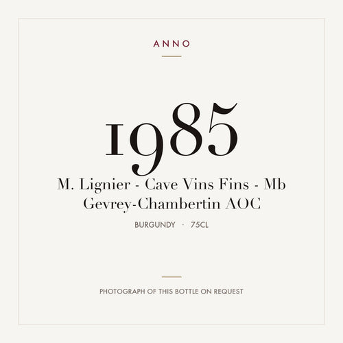 M. Lignier - Cave Vins Fins - Mb Gevrey-Chambertin 1985 AOC 0,75l from Burgundy — ANNO vintage card; photograph of the actual bottle available on request