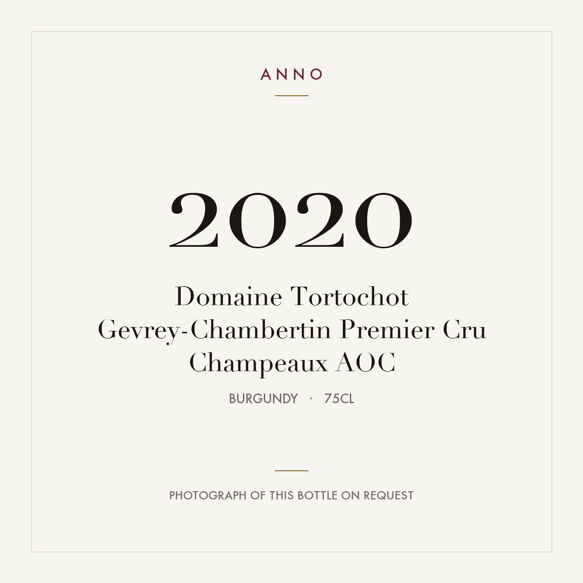 Domaine Tortochot Gevrey-Chambertin Premier Cru Champeaux 2020 AOC 0,75l from Burgundy — ANNO vintage card; photograph of the actual bottle available on request