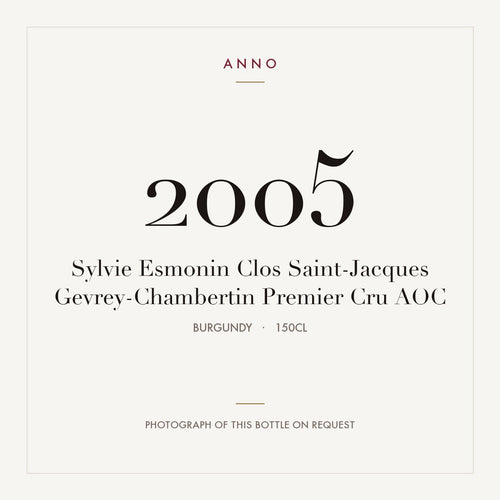Sylvie Esmonin Clos Saint-Jacques Gevrey-Chambertin Premier Cru 2005 AOC 1,5l from Burgundy — ANNO vintage card; photograph of the actual bottle available on request