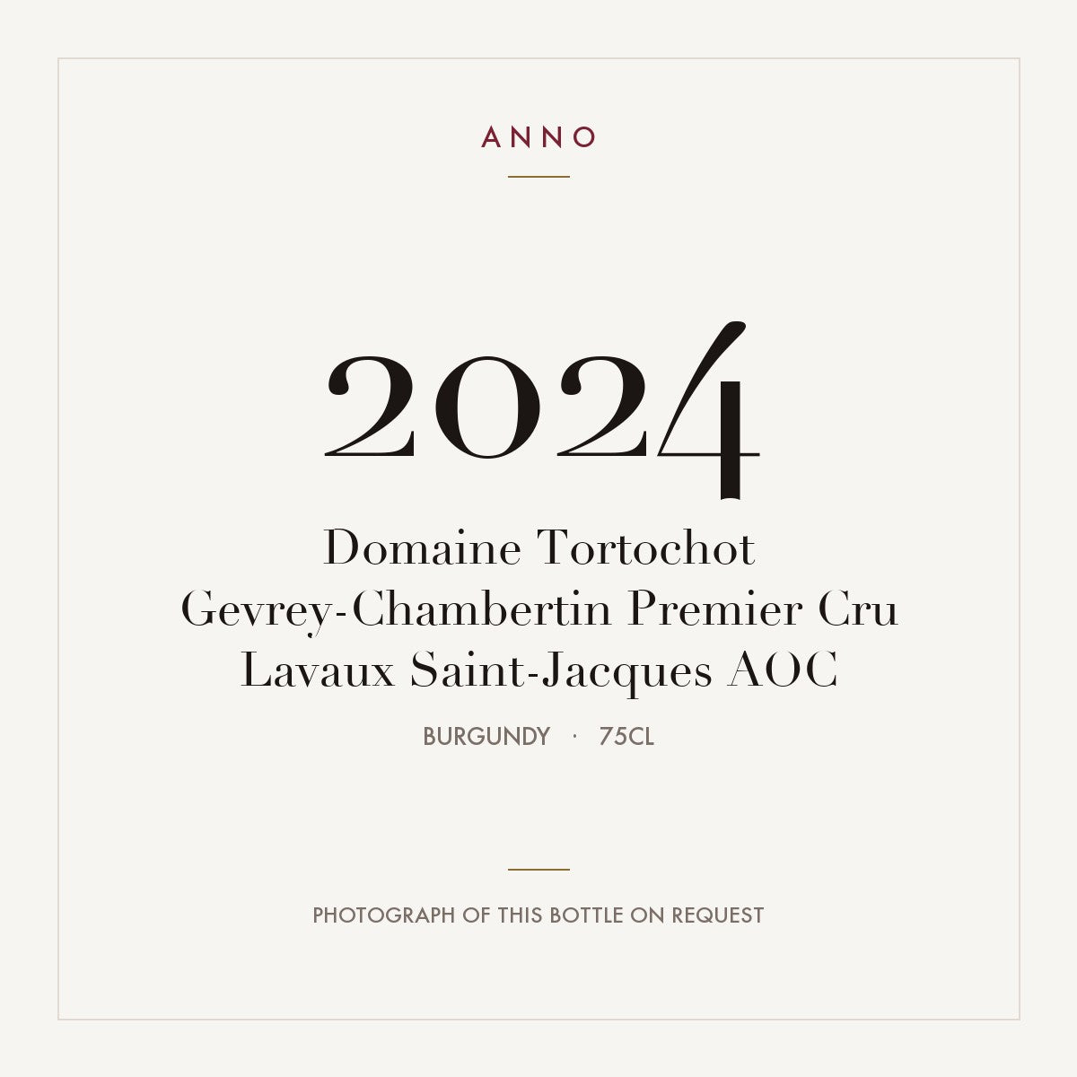 Domaine Tortochot Gevrey-Chambertin Premier Cru Lavaux Saint-Jacques 2024 AOC 0,75l from Burgundy — ANNO vintage card; photograph of the actual bottle available on request