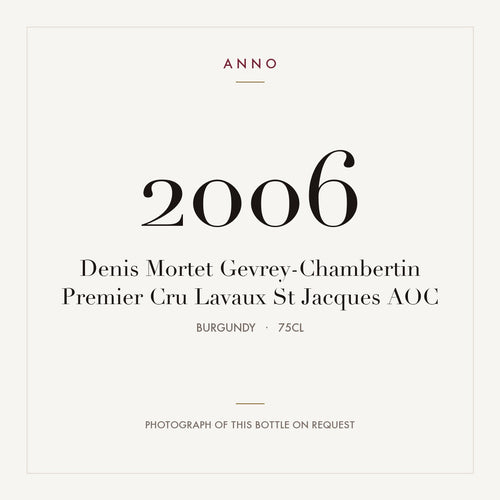 Denis Mortet Gevrey-Chambertin Premier Cru Lavaux St Jacques 2006 AOC 0,75l, Borgogna — card dell'annata ANNO; foto della bottiglia reale disponibile su richiesta