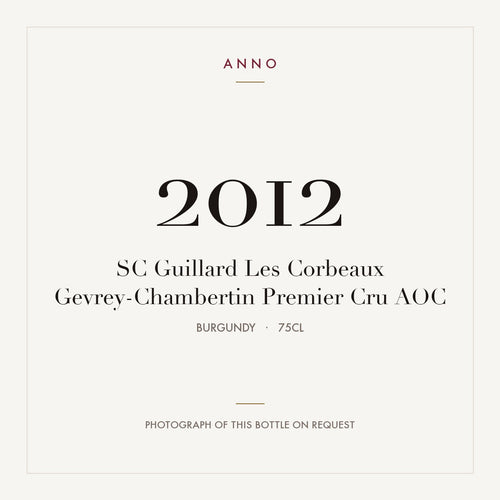 SC Guillard Les Corbeaux Gevrey-Chambertin Premier Cru 2012 AOC 0,75l from Burgundy — ANNO vintage card; photograph of the actual bottle available on request