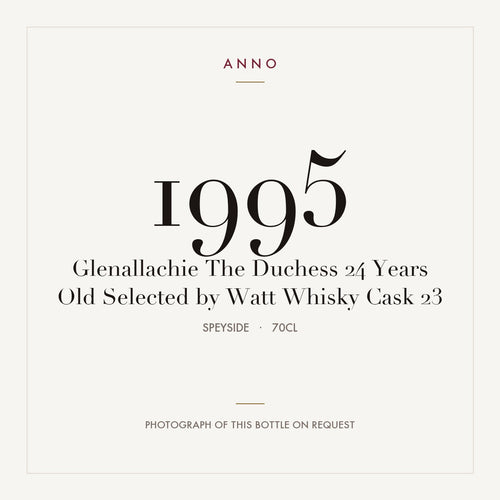 Glenallachie The Duchess 24 Years Old Selected by Watt Whisky Cask 23 1995 0,7l from Speyside — ANNO vintage card; photograph of the actual bottle available on request