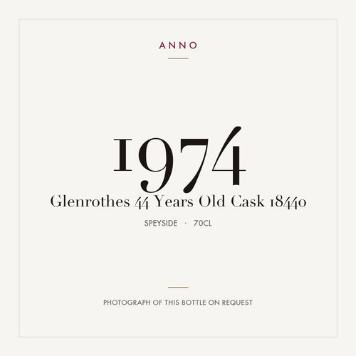 Glenrothes 44 Years Old Cask 18440 1974 0,7l from Speyside — ANNO vintage card; photograph of the actual bottle available on request